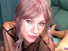 Lilac-haired minx in pantyhose sucks big dick till cum fills her mouth