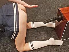 Petite Teen's Tight Pussy Grips Big Black Dildo Hard