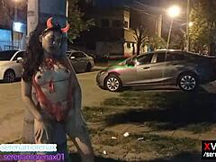 Halloween partying with a petite teenie Bareback