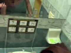 College roommate gets fucked by me in a public bathroom
