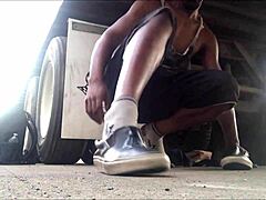 Cum on Vans in outdoor fun