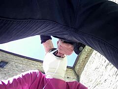 i-i'm laura in heels and pink outfit, giving outdoor blowjob with mask on for that creampie finish