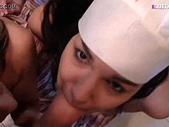 Teenage brunette and her friend in a steamy threesome