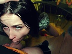 Hot stepsister gives a blowjob to her stepbrother while parents watch