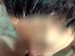 Receiving delicious blowjob and fucking skinny brunette in bathroom.