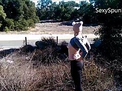 Amateur babe with big ass and natural tits flaunts them in public