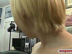 Blondie Babe Nailed Hard by Nasty Pawn Keeper in Hidden Cam Action.
