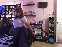Hotwife Steffi dances in plaid skirt showing pussy