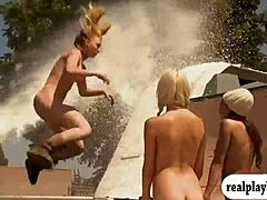 Sexy hotties enjoyed outdoor activities in reality public setting