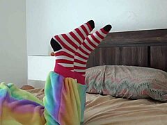 Asian cosplayer strips socks in a voyeur fetish session with ripped clothes