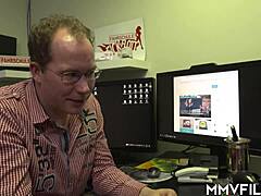 blonde in heels enjoys a suggestive handjob and teasing session