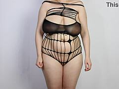 Bodystocking Try-On: Chubby Beauty Reveals Big Tits in See-Through Lingerie