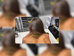 Aila Donova licks ass in shop.