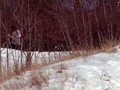 Snowy outdoor adventure with a butt plug for warmth