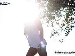 Czech girls flash shaved pussy and tits during outdoor sunset strip