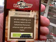 Fat brunette German woman with natural boobs gets fucked in POV pickup, ending with cum in mouth