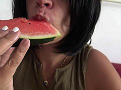 Horny French Amateur Milf Eats Juicy Watermelon.