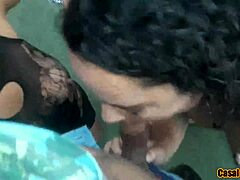 Lucky guy receives triple blowjob at public party.