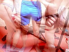 Teens with big tits give double blowjob and handjob to huge cock trainer