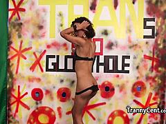 Skinny Shemale Teases and Strokes Two Hard Cocks