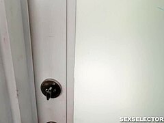 Teen brunette in Halloween costume plays sex selector with soft, warm, shaved pussy.