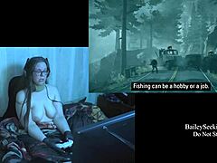 Naked brunette bbw shows big natural tits in game.