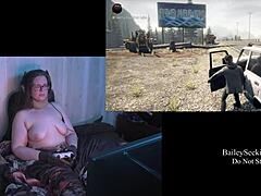 Naked brunette bbw shows big natural tits in game.