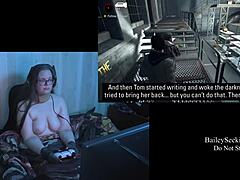 Naked brunette bbw shows big natural tits in game.