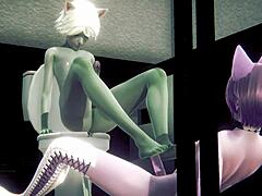 Uh, me and these cat boys, grey and pink, goin’ at it in a public toilet!