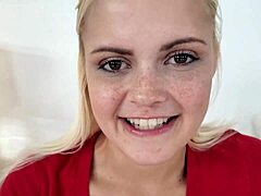 Adorable blonde teen Madison Hart gives a skilled hands-free blowjob to a well-endowed man