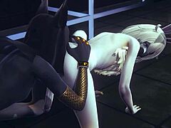 yaoi femboy furry trio with anubis, mew, and bunnyboy in wild action