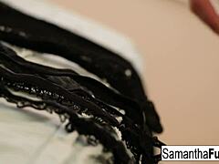 Blonde bombshell Samantha Saint teases big tits and pussy in lingerie solo.