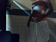 Stroking this big tattooed white dick in the shower