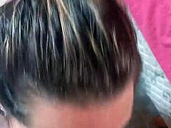 Blonde girlfriend acts as a cum eater slut during blowjob with friend