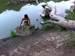 A muscular woman from Argentina engages in a public sexual encounter with Victor Bloom.