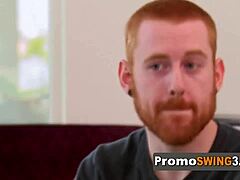 Redhead girlfriend enjoys threesome with her boyfriend and another man.