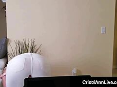 Busty babe Cristi Ann fulfills computer nerd's dreams with blowjob and cumshot