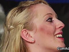 hot beauty in extreme blowbang gets jizz on face gulping all