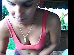 Teen strips outdoor showing off tight camel toe