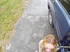 wanna see this perky blonde suck for cash outdoors?