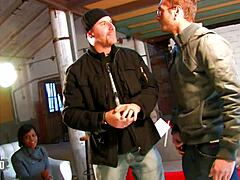Mad ginger chick goes wild in a threesome with hung Spanish hunk and straight stud.