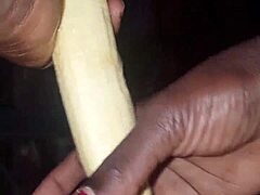 Mature woman masturbates with plantain and pepper to orgasm