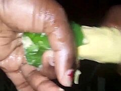 Mature woman masturbates with plantain and pepper to orgasm