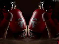 She gives artful blowjob with boxing gloves on big cock