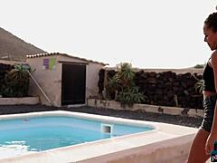 Young ebony teen model Agatha strips outdoors. She bares tiny tits for Playboy centerfold shoot!