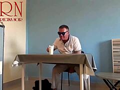 Naked waitress teases guest with navel eating!