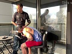 Gay barber serves his customer in a rather unusual manner