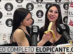 Mielcita and almond eating banana with cream and swallowing