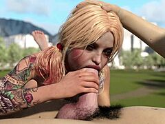 Harley Quinn gives deepthroat blowjob to huge white dick in game