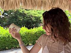 College party strip game with bikini beauty in dirty talk